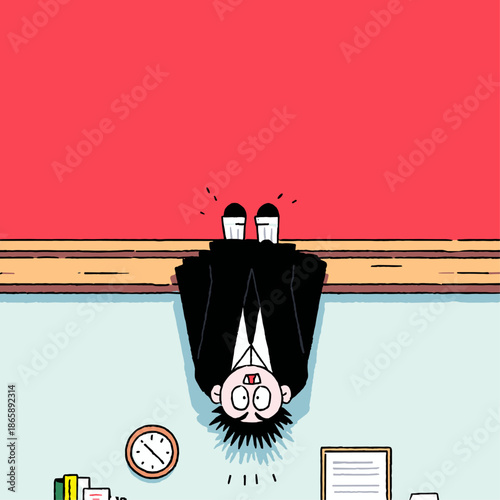 Whimsical Cartoon of a Man Upside Down in an Office Setting