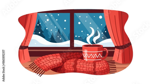 Cozy winter scene with red curtains, blankets, and a steaming mug by the window