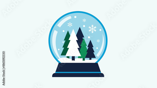 A serene winter scene inside a snow globe featuring snowy trees and a calm atmosphere viewed from the side