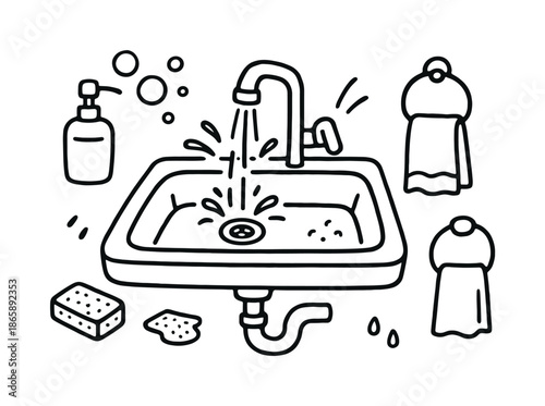 Sink Doodle Icons. Sink. Hand-drawn doodle illustration Sink kitchen sink, bathroom sink, faucet lever, soap dispenser, water stream, drain plug, splash arcs,