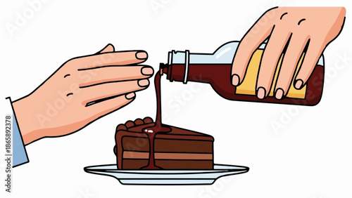 Hands pour chocolate sauce onto a layered chocolate cake slice on a white plate