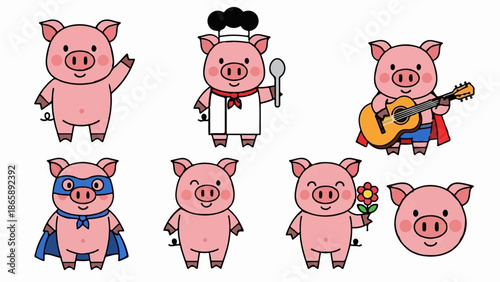 Cute cartoon pigs in various costumes and actions, including waving, chef, guitar, superhero, and holding a flower