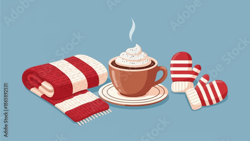 Cozy winter scene with coffee and accessories
