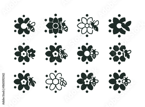 Beekeeping Icon Set. Beekeeping and Pollination. Icon set. Set Logo of Beekeeping and Pollination: pollen grains around flower. harmonious logo variations of