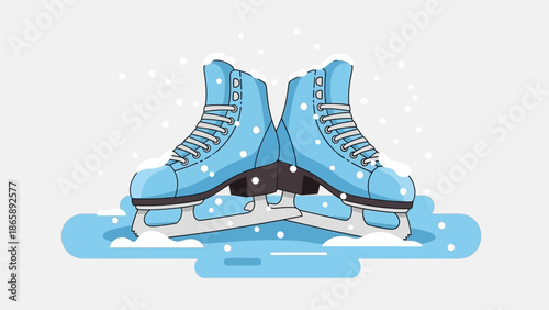 Ice Skates on Frozen Lake in Winter Landscape