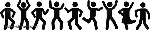 Happy, stick, figure, people, jumping, and, dancing, together, celebration, silhouette, group, icon, teamwork, joyful, party, illustration, active, crowd, black, figures