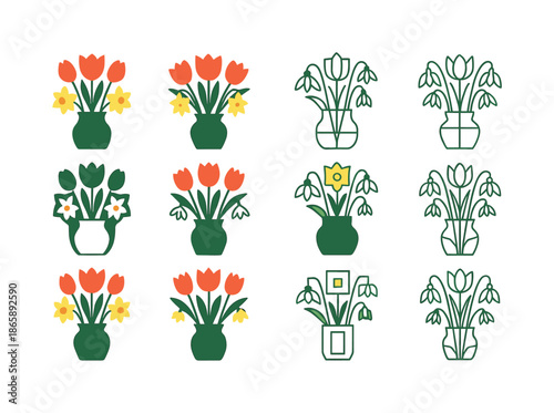Spring Flower Icons. Tulips, daffodils, and snowdrops in bloom. Icon set. Set Logo of Tulips, daffodils, and snowdrops in bloom: vase of spring flowers.