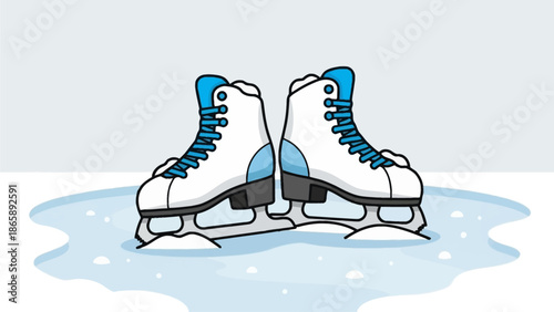 Pair of white ice skates with blue laces on frozen ice surface