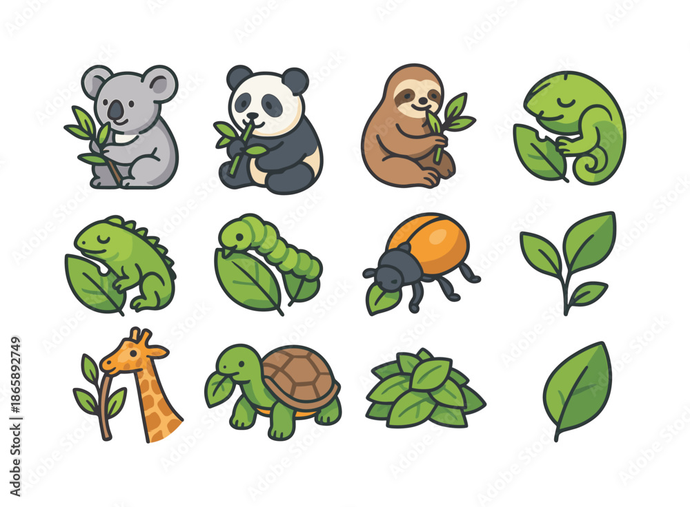 Fototapeta premium Colorful Folivore Icons. Folivores. Colorful isometric vector icons set of Folivores: koala eating eucalyptus, panda chewing bamboo, sloth with leaves, iguana