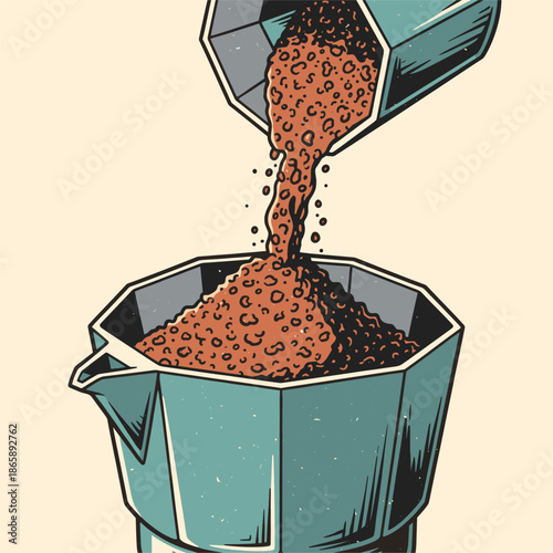 Vintage Moka pot illustration pouring coffee grounds retro style