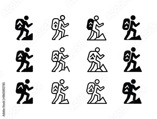 Mountain Hiking Logos. Hiking up a mountain. Icon set. Set Logo of hiking up a mountain: backpack with elevation arrow. harmonious logo variations of the same