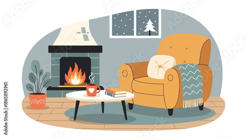 Cozy winter scene with armchair and fireplace in a snowy landscape viewed from inside