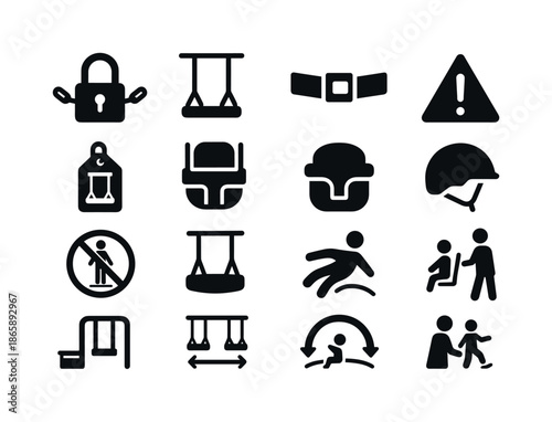 Swing Safety Icons. Swing safety. Solid icon set of swing safety: chain lock, secure anchor, seat belt icon, safety warning, swing inspection tag, child safe