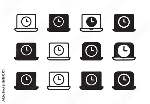 Remote Work Icon Set. Remote work productivity tips. Icon set. Set Logo of Remote work productivity tips: laptop with clock symbol. harmonious logo variations