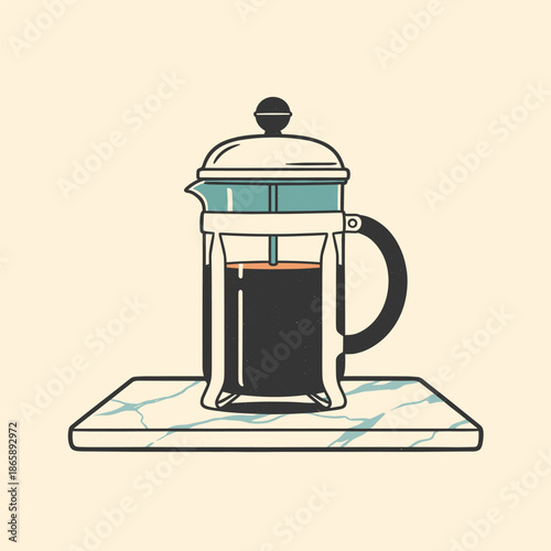 Retro French Press Coffee Maker Illustration Morning Brew Drink