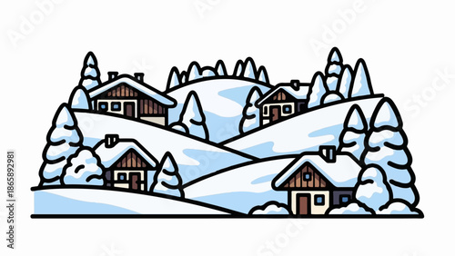 Idyllic winter village with snow-covered houses nestled among pine trees on rolling hills