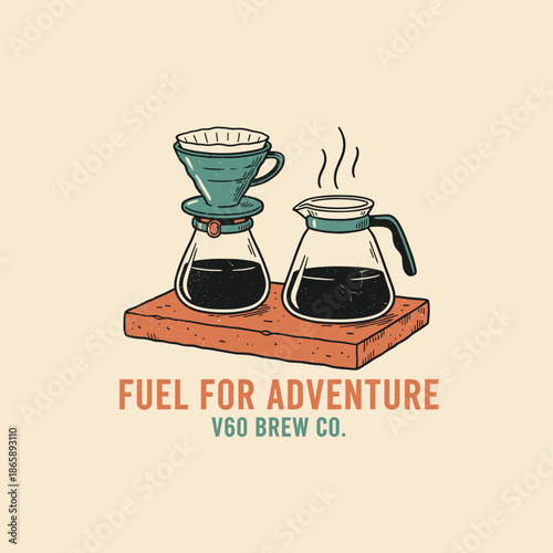 Vintage pour over coffee brewing setup logo fuel for adventure