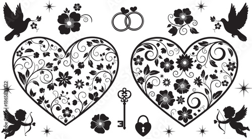 Romantic Floral Heart Vector Set with Cupid, Doves, Key, Lock, Wedding Rings, and Decorative Elements Perfect for Valentine’s Day, Love, and Wedding Design Themes