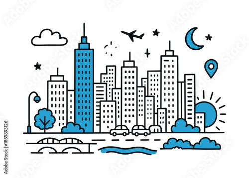 Vibrant Skyscraper Skyline. Skyscraper skyline. Hand-drawn doodle illustration skyscraper skyline [tall skyscraper (accented), cluster of buildings, tiny