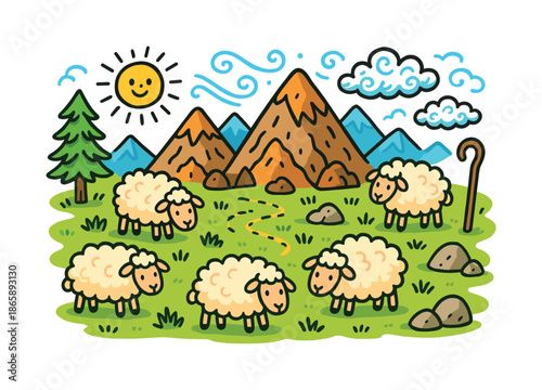 Mountain Sheep Adventure. Mountain flock. Colorful Hand-drawn doodle Children illustration Mountain flock sheep, rocky hills, pine tree, wind swirls, sun,