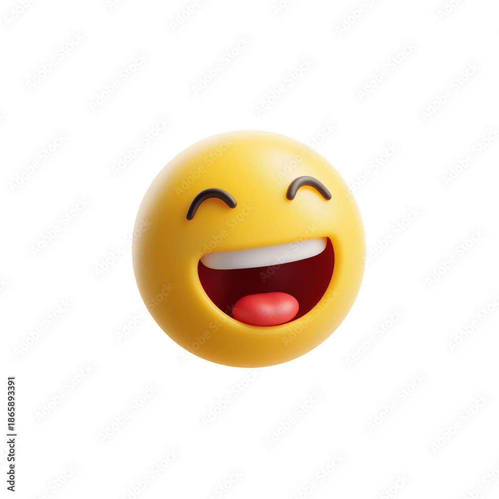 Fototapeta premium 3D cute cartoon laughing emoji face with open mouth and tongue, happy smiley icon isolated on transparent background.