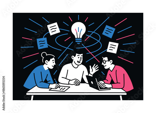 Dynamic Brainstorming Session. Team hustle. Three figures brainstorm around a table; floating notes swirl like fast ideas. Energy beams highlight synergy.