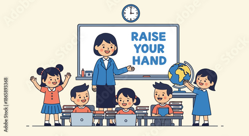Illustration of a teacher and students in a classroom with a whiteboard and laptops, conveying a learning environment with a cheerful mood.
