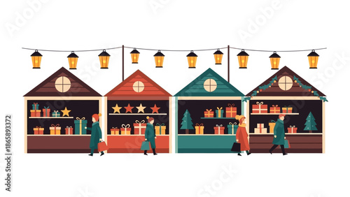 Winter festive market stalls illustrated in a vibrant scene with shoppers and decorations