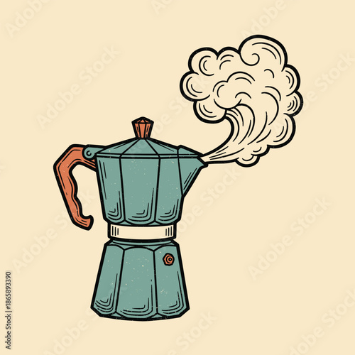 Steaming Moka pot illustration traditional tattoo style retro art