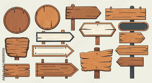 Collection of various wooden directional signs on a plain background, featuring different shapes and styles.