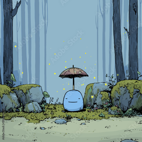 Whimsical creature under an umbrella in a serene forest