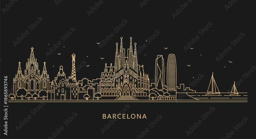 Naklejka premium Gold-colored illustration of Barcelona city skyline at night on a black background with notable landmarks.