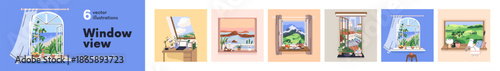 Beautiful views from cozy homes set. Look out from open windows. Nature and city landscapes, sea beach, mountain, countryside, field outside and windowsills, tables inside. Flat vector illustrations