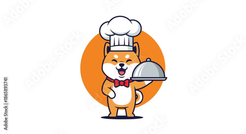 Cartoon shiba inu dog wearing a chef hat and red bow tie holding a silver serving dish on a white background with orange circle.