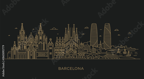 Golden illustration of Barcelona city skyline at night with iconic buildings and spires against a dark background.