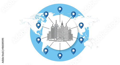 Flat lay of a city map with location pins and a building illustration on a white background with blue accents.