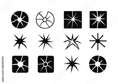 Cracked Windows Emblems. Cracked windows. Icon set. Set Logo of cracked windows: radiating break marks. harmonious logo variations of the same emblematic
