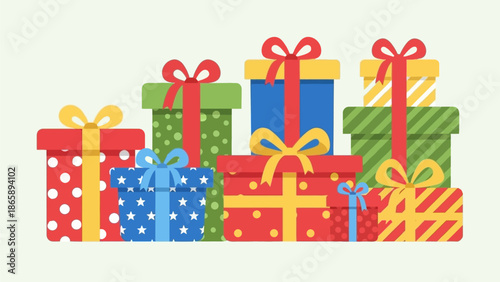 Colorful Gift Boxes with Ribbons and Bows Stacked Together