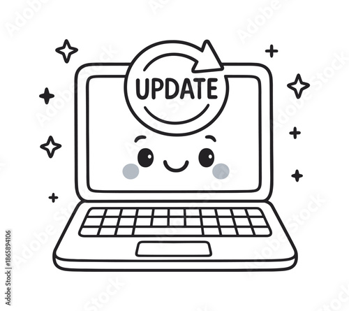 Laptop Coloring Fun. Device updates children?s coloring book illustration, outlined drawing, a happy laptop displaying a simple update arrow surrounded by