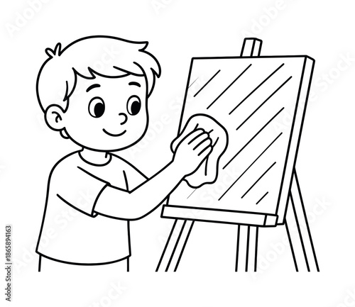 Colorful Cleaning Fun. Careful cleaning children?s coloring book illustration, outlined drawing, child gently wiping a canvas with a soft cloth to reveal