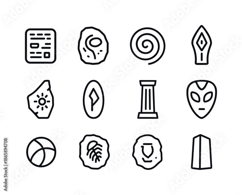 Martian Artifact Icons. Martian artifacts. Line icon set of Martian artifacts: ancient tablet, carved stone, spiral emblem, alien marking, relic shard, glowing