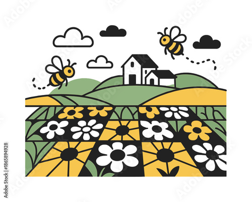 Blooming Pastel Farm. Countryside in Bloom. A distant farm sits on soft pastel hills, with geometric flower fields in the foreground. Floating cloud shapes and