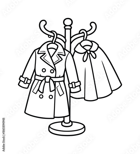 Children's Coat Coloring. Vintage outerwear children?s coloring book illustration, outlined drawing, cartoon coat rack with trench coat and cape, educational
