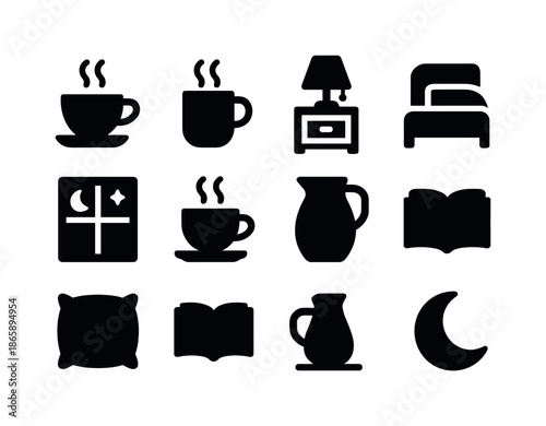 Bedside Icon Set. A warm cup of tea or milk by the bedside. Solid icon set of a warm cup of tea or milk by the bedside: tea cup, milk mug, steam swirl, bedside