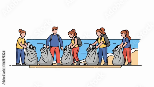 People collecting trash on a beach with blue water background