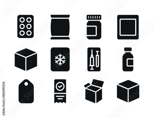 Medical Packaging Icons. Medical Packaging. Solid icon set of Medical Packaging: blister pack, sealed pouch, pill bottle, sterile wrap, carton box, cold chain
