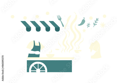 Night Street Food. Street food vendors. Vendor serving steaming food from a cart under string lights; aroma lines swirling into the night air. Floating icons