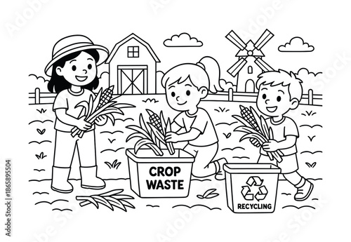 Farm Cleanup Coloring Page. Farm cleanup day children?s coloring book illustration, outlined drawing, children collecting crop waste into labeled bins for