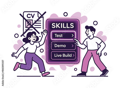 Glowing Skills Board. No-resume filter. A crossed-out CV icon floats behind a glowing skills board, with interactive UI tiles labeled ?Test,? ?Demo,? and ?Live