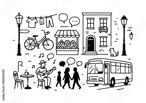 Urban Doodle Scene. Inspiring city street scenes. Hand-drawn doodle illustration inspiring city street scenes cafe table, bicycle, street musician, market